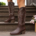 Aurelia | Women's Knee-High Cowgirl Boots with Embroidery, Block Heel Western Boots | The Dress Cellar | Brown