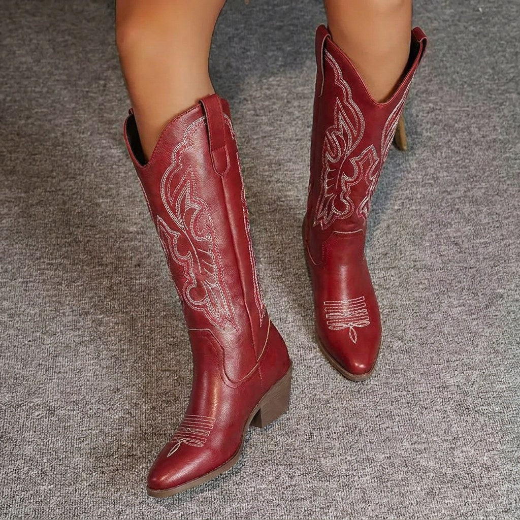 Aurelia | Women's Knee-High Cowgirl Boots with Embroidery, Block Heel Western Boots | The Dress Cellar