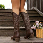 Aurelia | Women's Knee-High Cowgirl Boots with Embroidery, Block Heel Western Boots | The Dress Cellar | Black