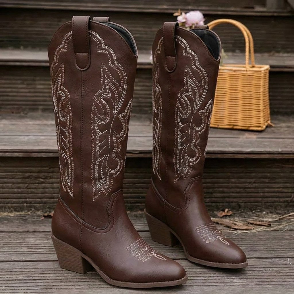 Aurelia | Women's Knee-High Cowgirl Boots with Embroidery, Block Heel Western Boots | The Dress Cellar