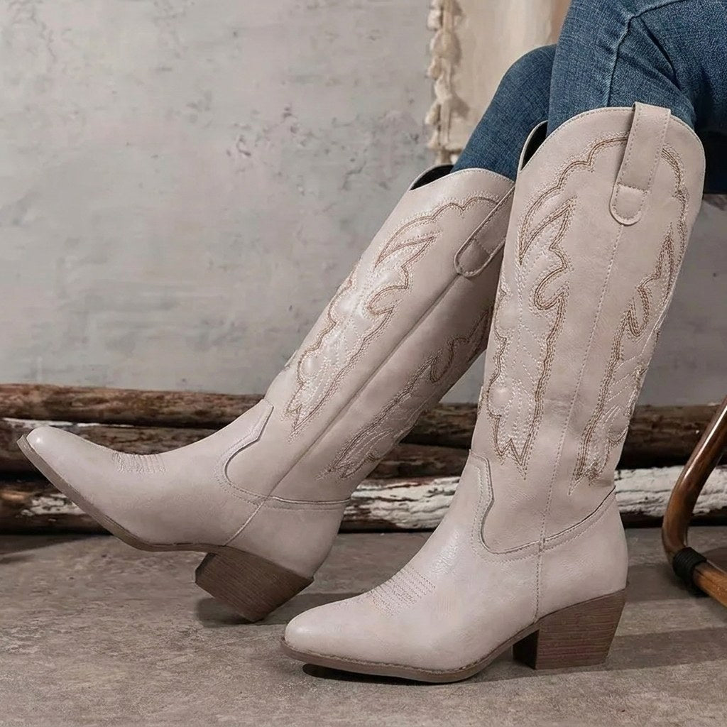 Aurelia | Women's Knee-High Cowgirl Boots with Embroidery, Block Heel Western Boots | The Dress Cellar