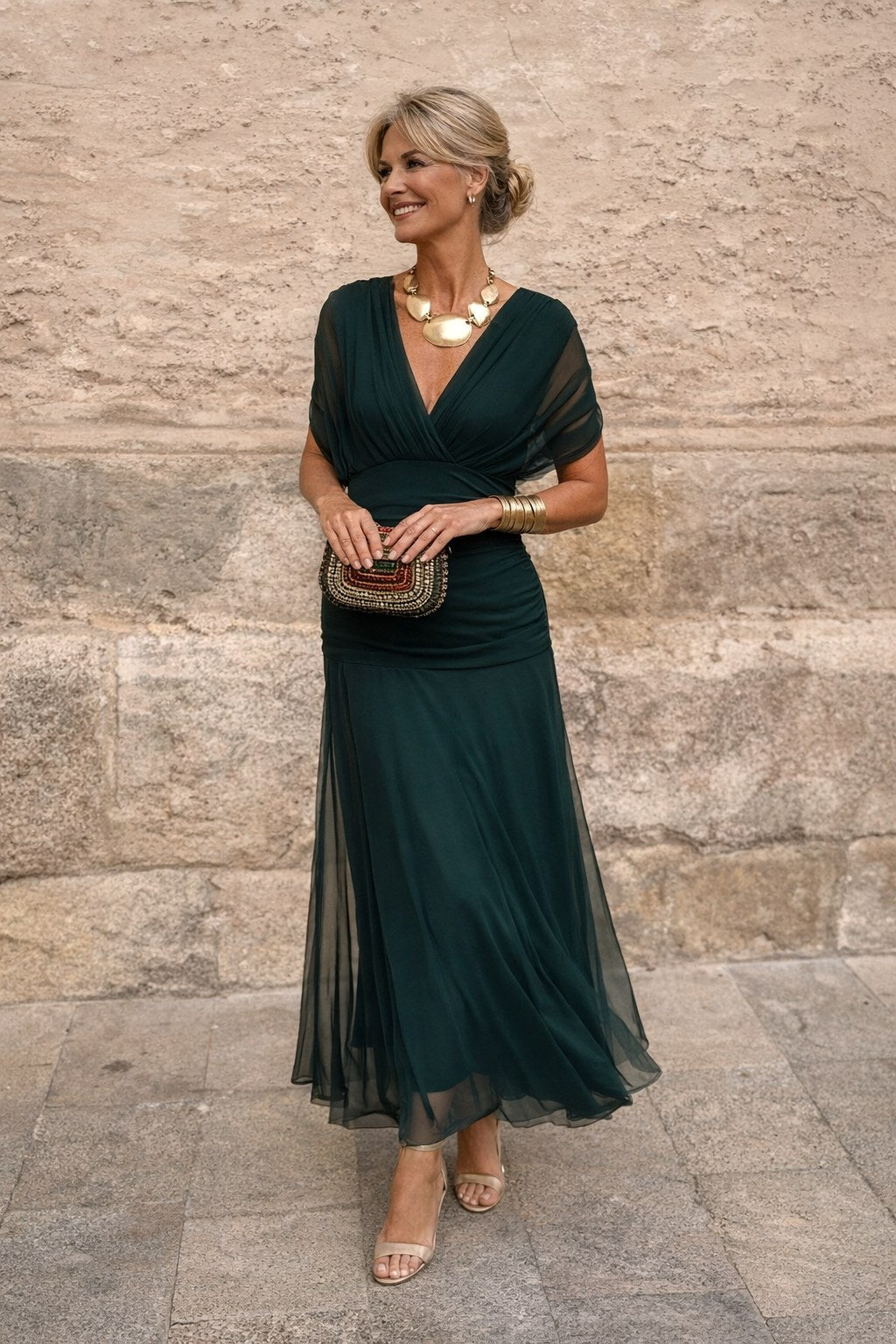 Aurelie | Women's V-Neck Chiffon Maxi Dress, Flowing Ankle-Length Dress | The Dress Cellar | Dark Green