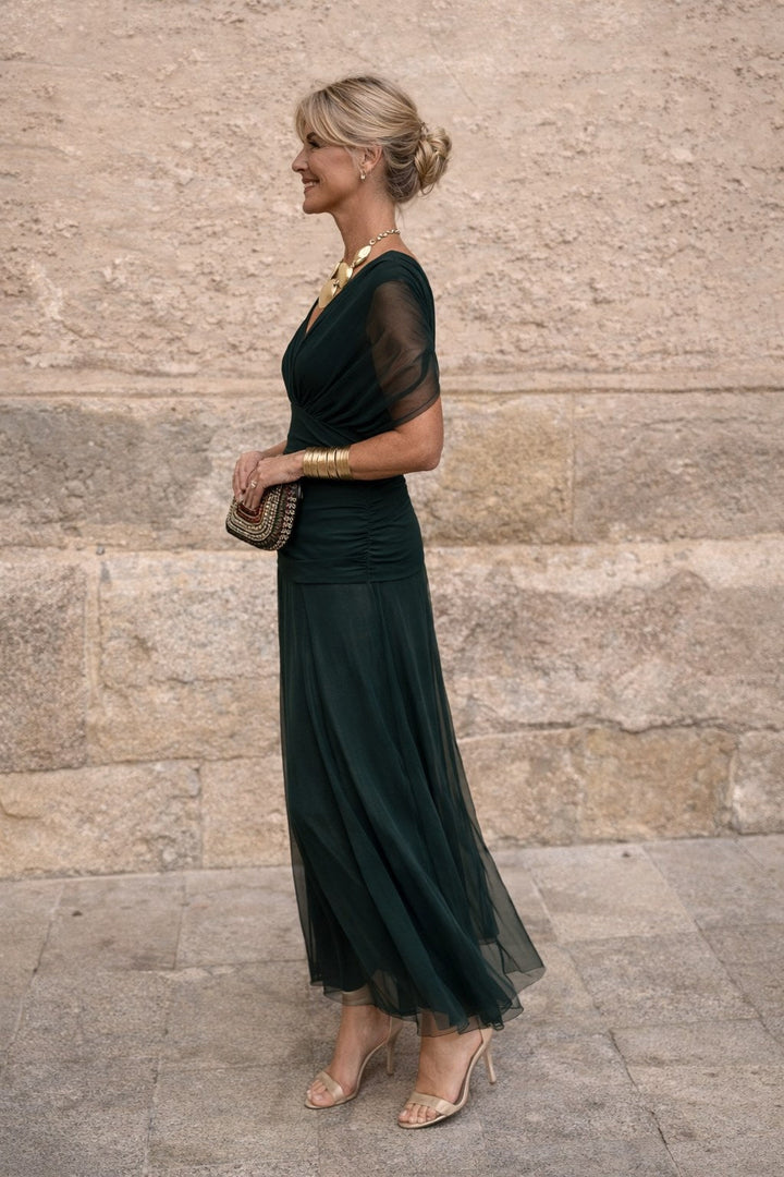 Aurelie | Women's V-Neck Chiffon Maxi Dress, Flowing Ankle-Length Dress | The Dress Cellar | Green