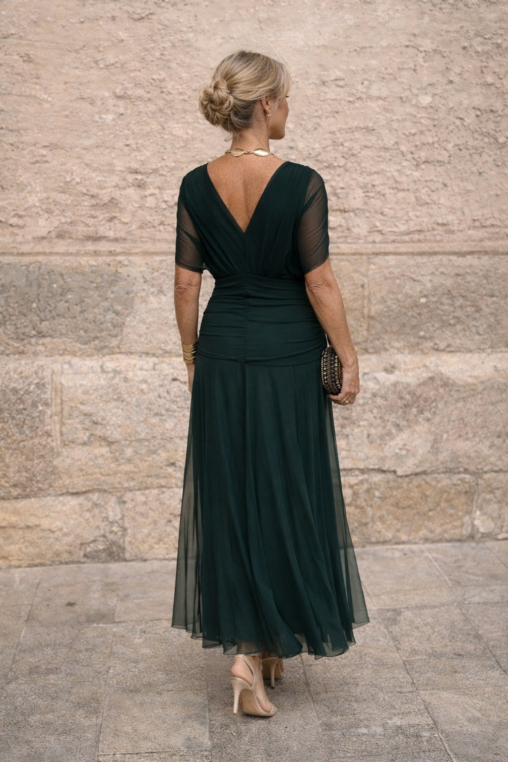 Aurelie | Women's V-Neck Chiffon Maxi Dress, Flowing Ankle-Length Dress | The Dress Cellar | Red