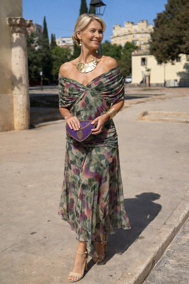 Aurelie | Women's V-Neck Chiffon Maxi Dress, Flowing Ankle-Length Dress | The Dress Cellar | Brown