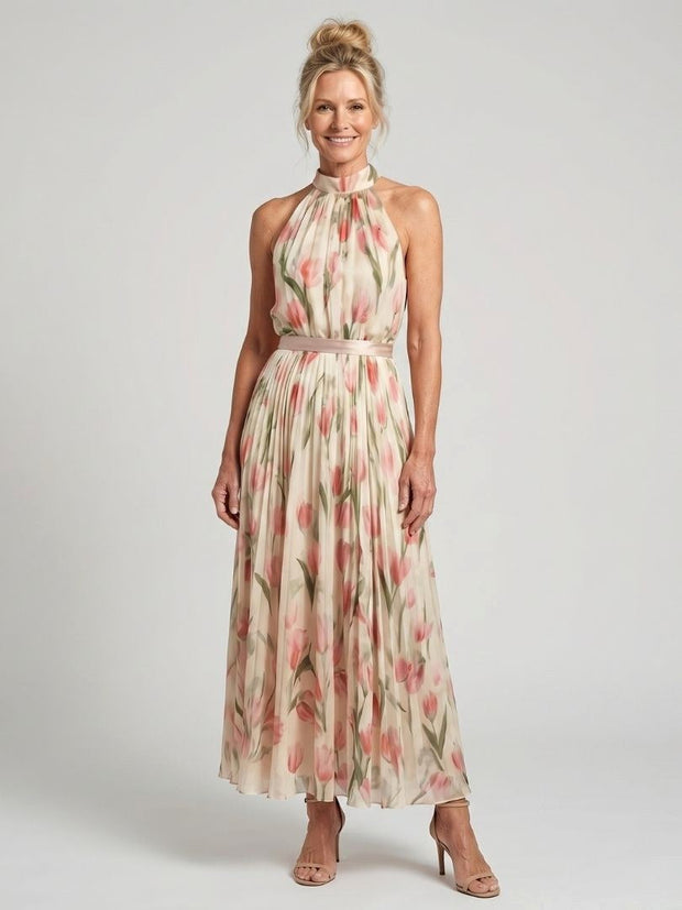 Aurelle | Women's Halter Neck Floral Midi Dress - Floral
