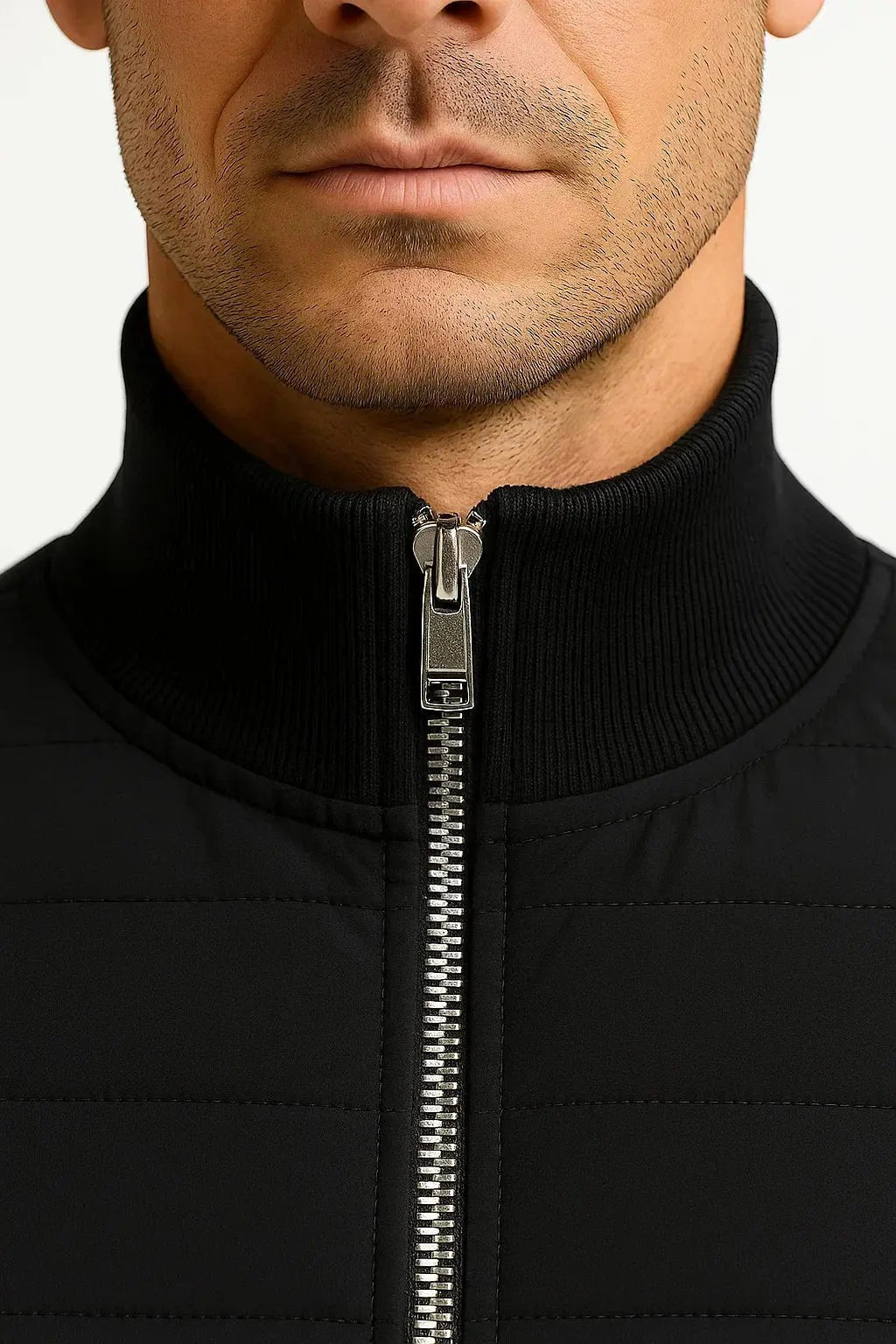 Austin | Men's Quilted Hybrid Jacket, Knitted Sleeves Autumn Jacket | The Dress Cellar | Light Gray