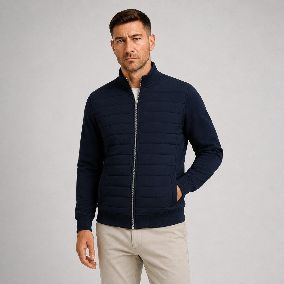 Austin | Men's Quilted Hybrid Jacket, Knitted Sleeves Autumn Jacket | The Dress Cellar
