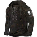 Austin | Men's Skull Graphic Hoodie with Lace-Up Front, Bold Statement Hoodie | The Dress Cellar | Coffee