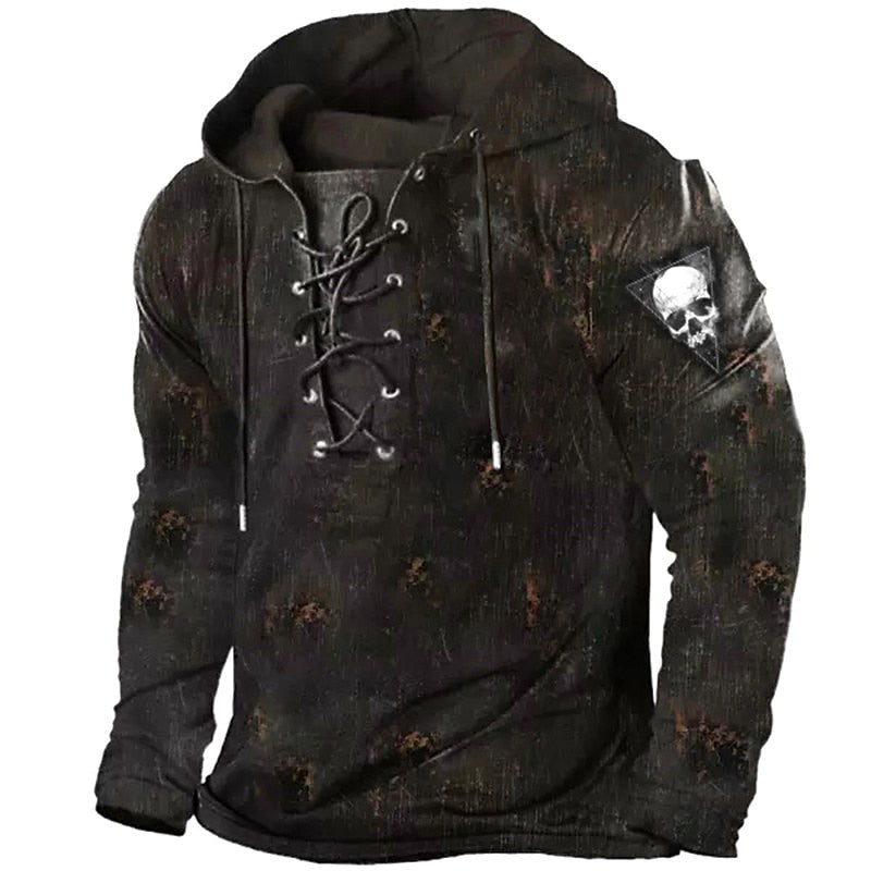 Austin | Men's Skull Graphic Hoodie with Lace-Up Front, Bold Statement Hoodie | The Dress Cellar | Coffee
