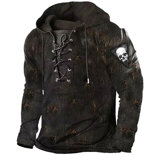 Austin | Men's Skull Graphic Hoodie with Lace-Up Front, Bold Statement Hoodie | The Dress Cellar | Coffee