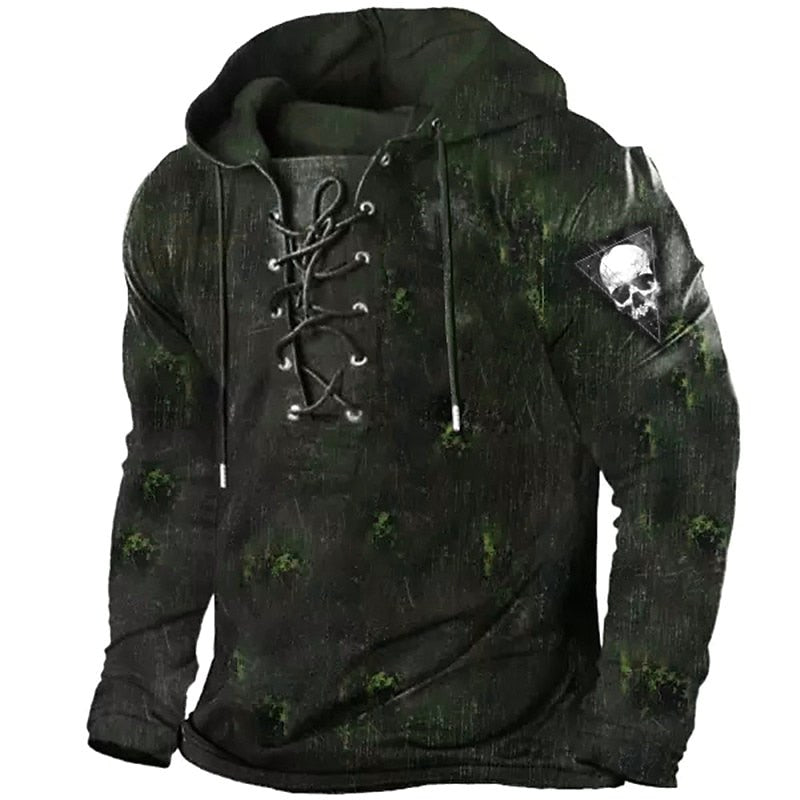 Austin | Men's Skull Graphic Hoodie with Lace-Up Front, Bold Statement Hoodie | The Dress Cellar | Green