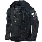 Austin | Men's Skull Graphic Hoodie with Lace-Up Front, Bold Statement Hoodie | The Dress Cellar | Blue
