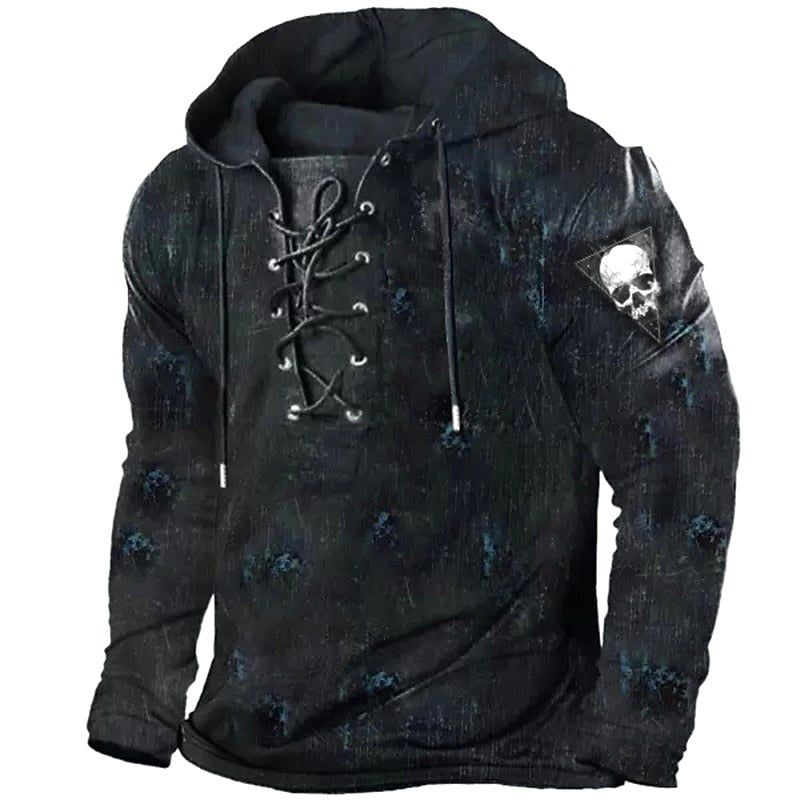 Austin | Men's Skull Graphic Hoodie with Lace-Up Front, Bold Statement Hoodie | The Dress Cellar | Blue