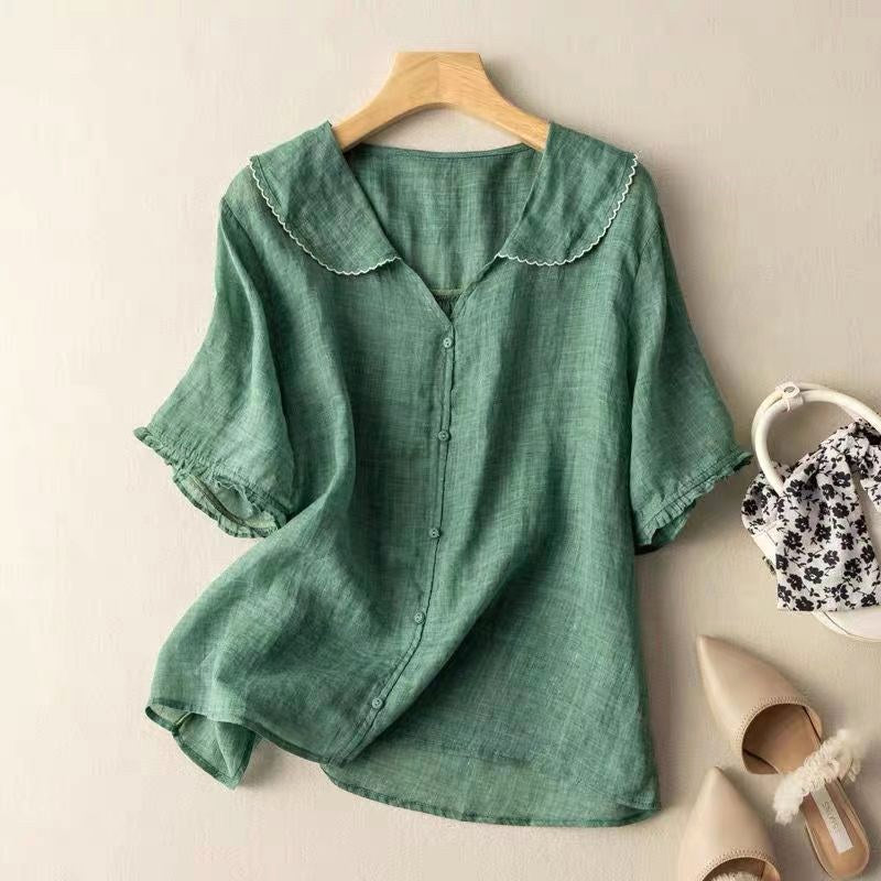 Avery | Vintage Button-Detail Long Sleeve Blouse - Green