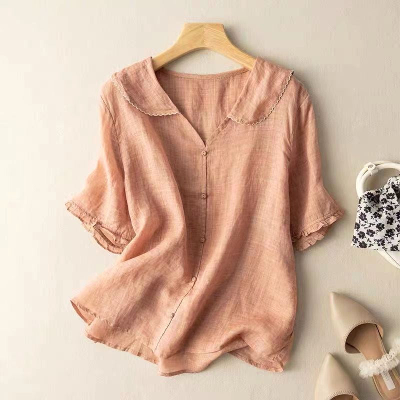 Avery | Vintage Button-Detail Long Sleeve Blouse - Peach