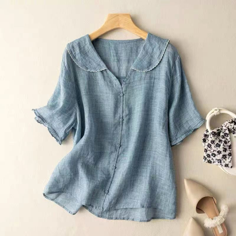 Avery | Vintage Button-Detail Long Sleeve Blouse - Blue