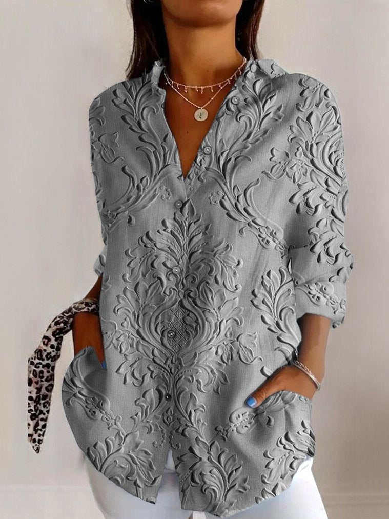 Avery | Women's Floral Embossed Button-Up Shirt - image 3