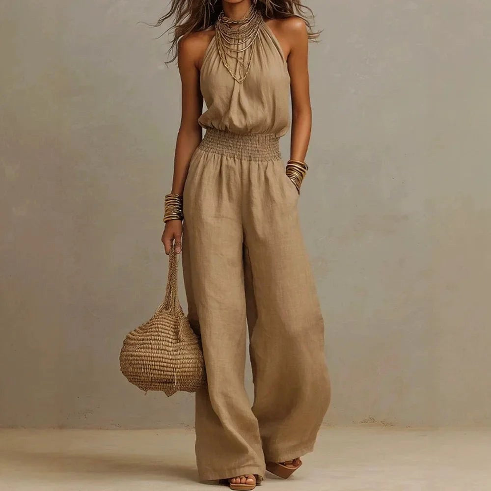 Avery | Women's Halter Wide-Leg Jumpsuit - Brown