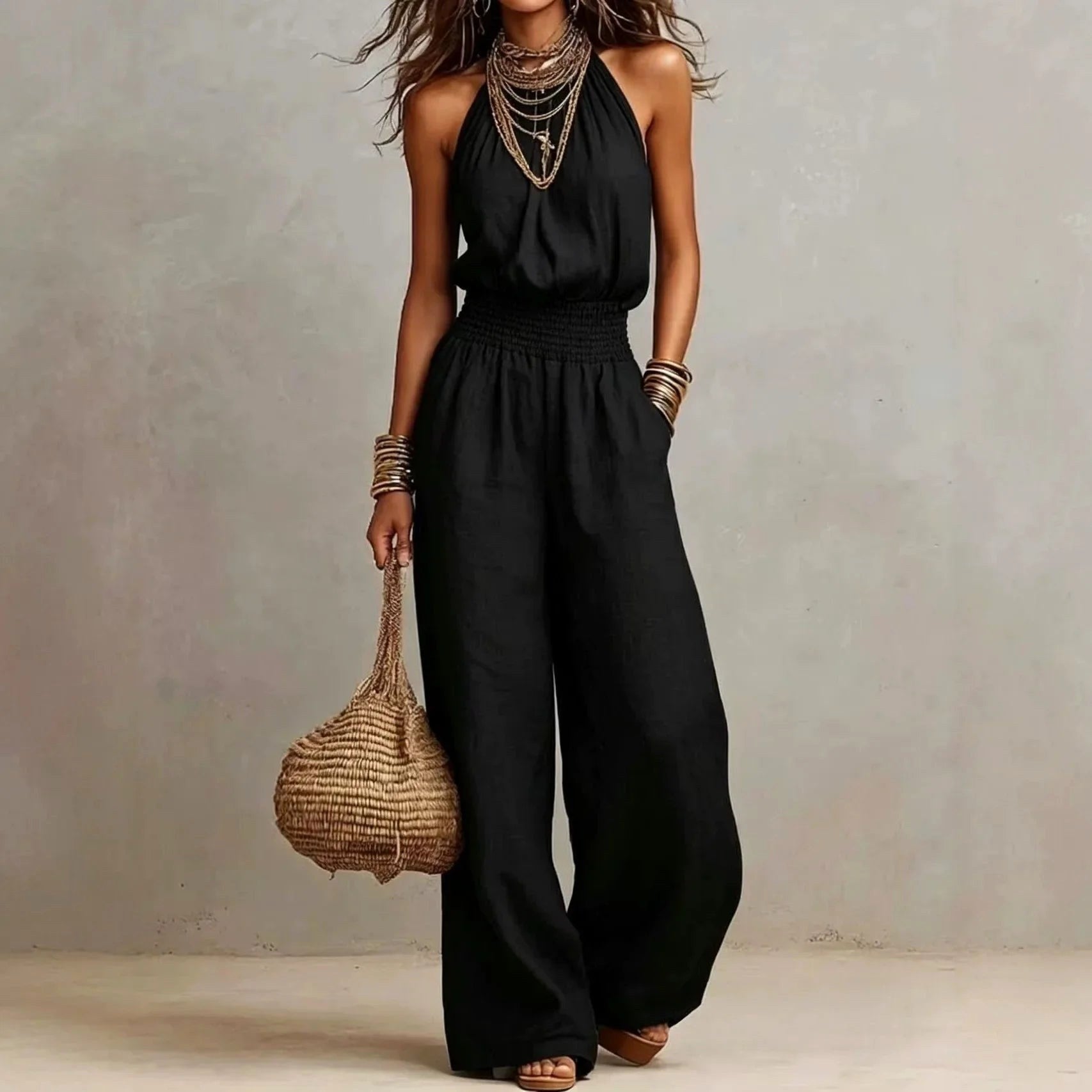 Avery | Women's Halter Wide-Leg Jumpsuit - Black