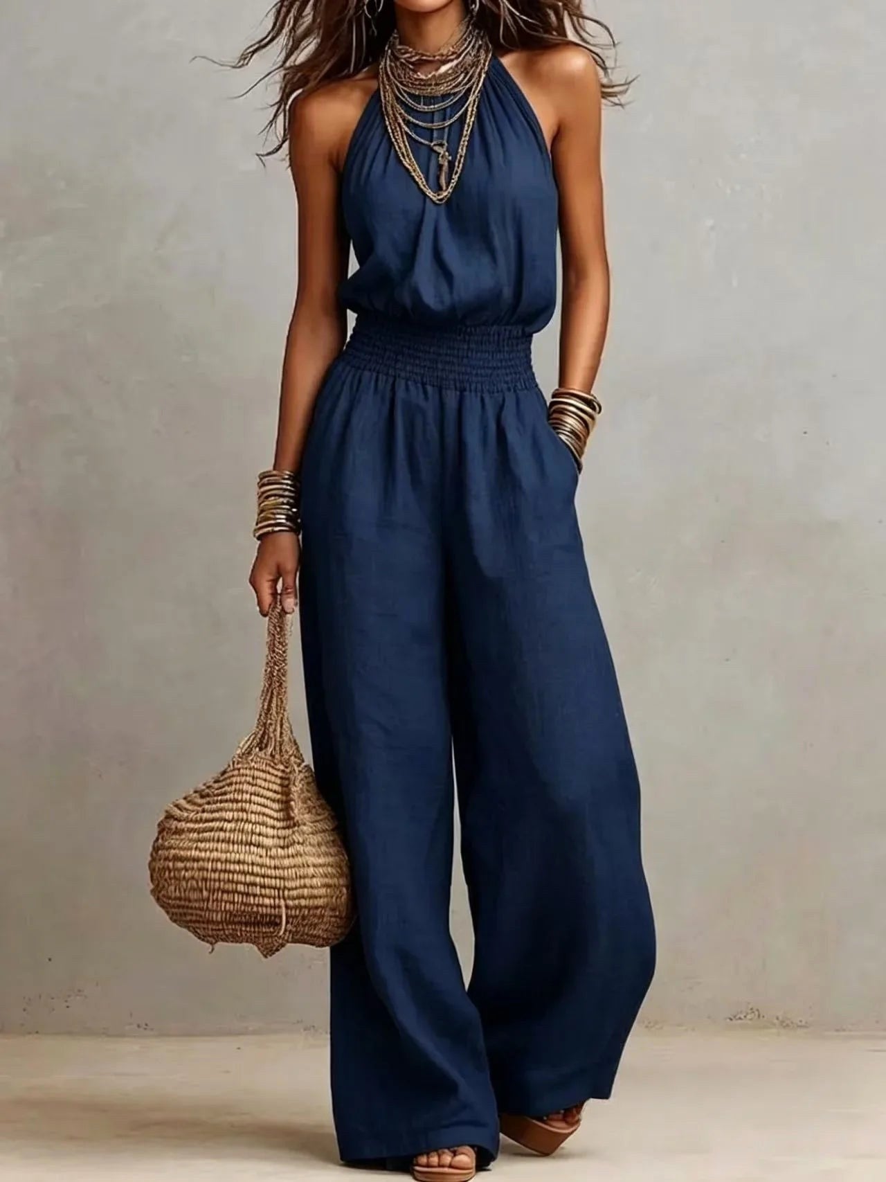 Avery | Women's Halter Wide-Leg Jumpsuit - Dark Blue
