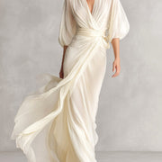 Avery | Women's Ivory Chiffon Wrap Dress With Puff Sleeves