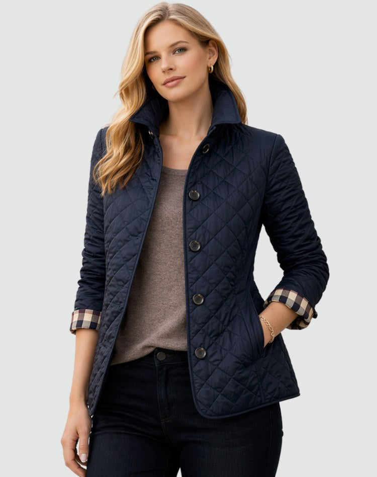 Catherine | Women's Quilted Button-Front Jacket, Lightweight Structured Coat | The Dress Cellar | Navy Blue