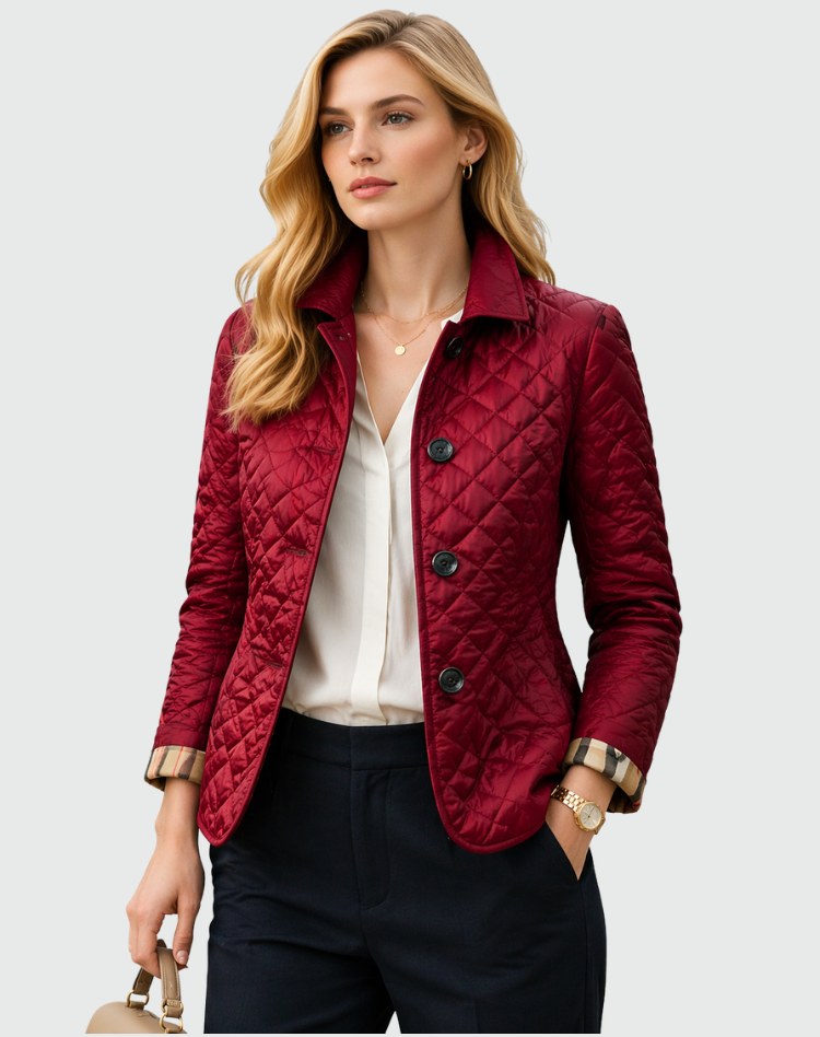 Catherine | Women's Quilted Button-Front Jacket, Lightweight Structured Coat | The Dress Cellar | Wine Red
