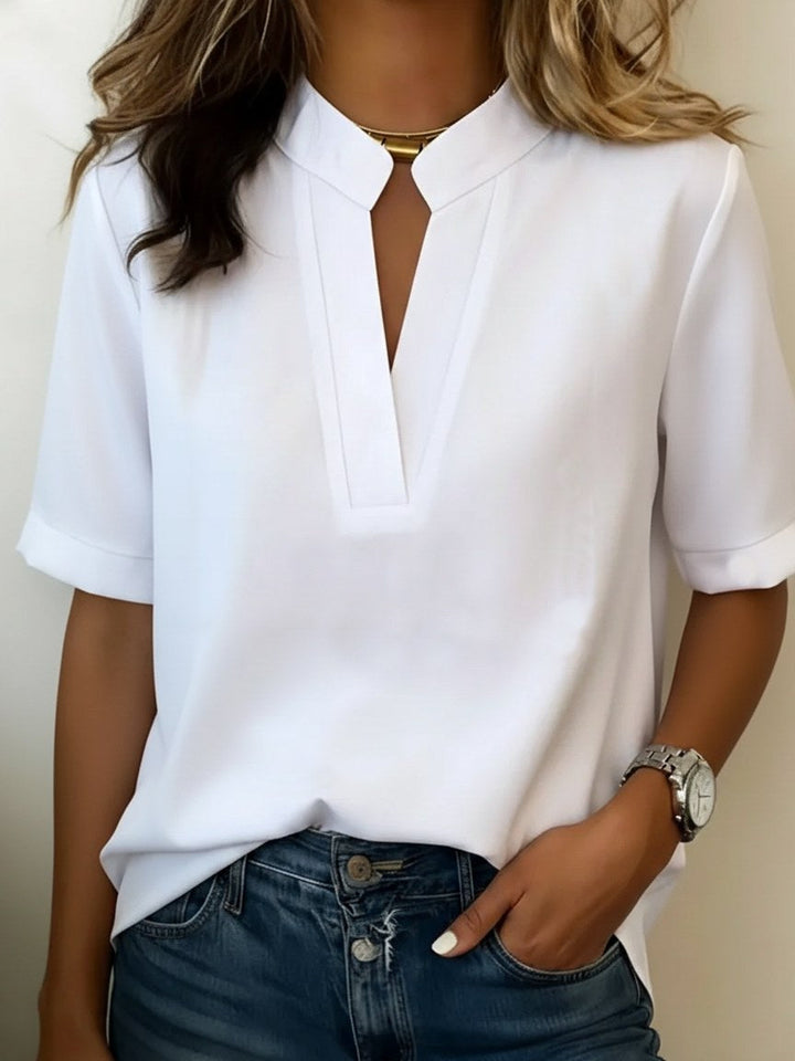 Avery | Women's V-Neck Short Sleeve Casual Blouse - White