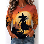 Avery | Women's Witch Graphic Long Sleeve Top, Autumn Festive Tee | The Dress Cellar | Orange