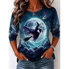Avery | Women's Witch Graphic Long Sleeve Top, Autumn Festive Tee | The Dress Cellar | Blue