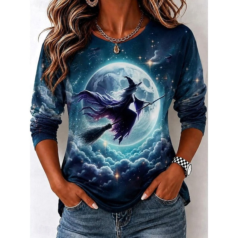 Avery | Women's Witch Graphic Long Sleeve Top, Autumn Festive Tee | The Dress Cellar | Blue