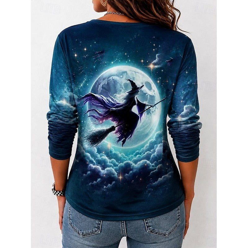 Avery | Women's Witch Graphic Long Sleeve Top, Autumn Festive Tee | The Dress Cellar | Yellow