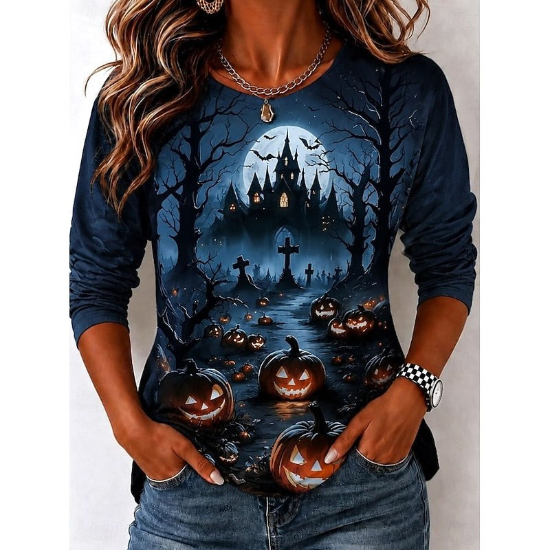 Avery | Women's Witch Graphic Long Sleeve Top, Autumn Festive Tee | The Dress Cellar | Purple