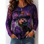 Avery | Women's Witch Graphic Long Sleeve Top, Autumn Festive Tee | The Dress Cellar