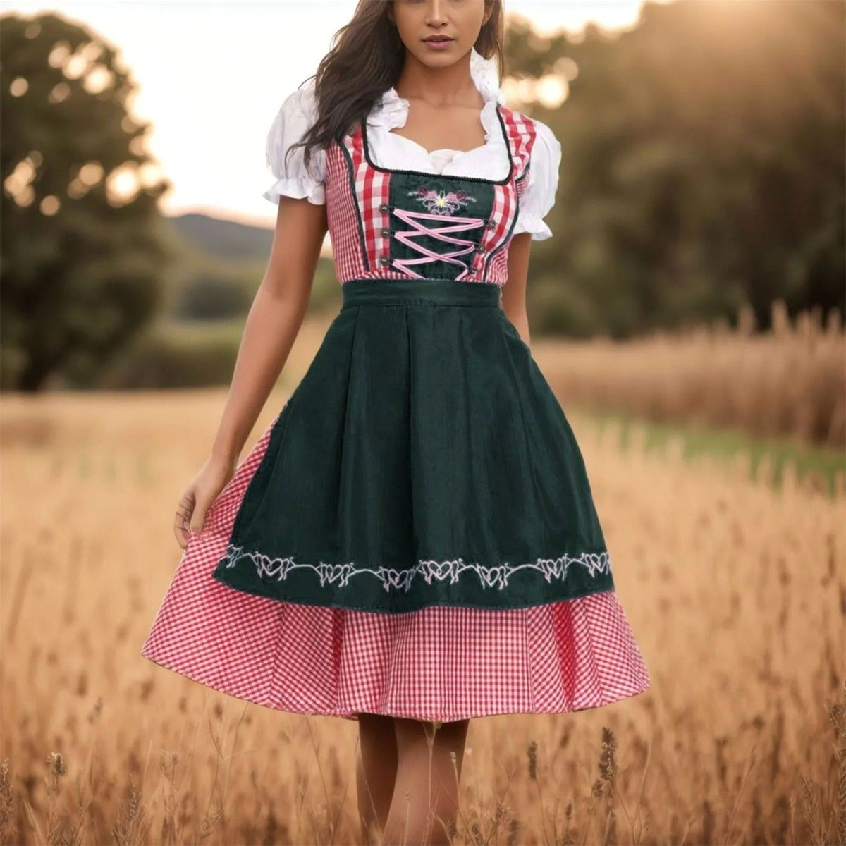 Paige | Women's Dirndl Check Dress, Short Puff Sleeve Bavarian Dress | The Dress Cellar