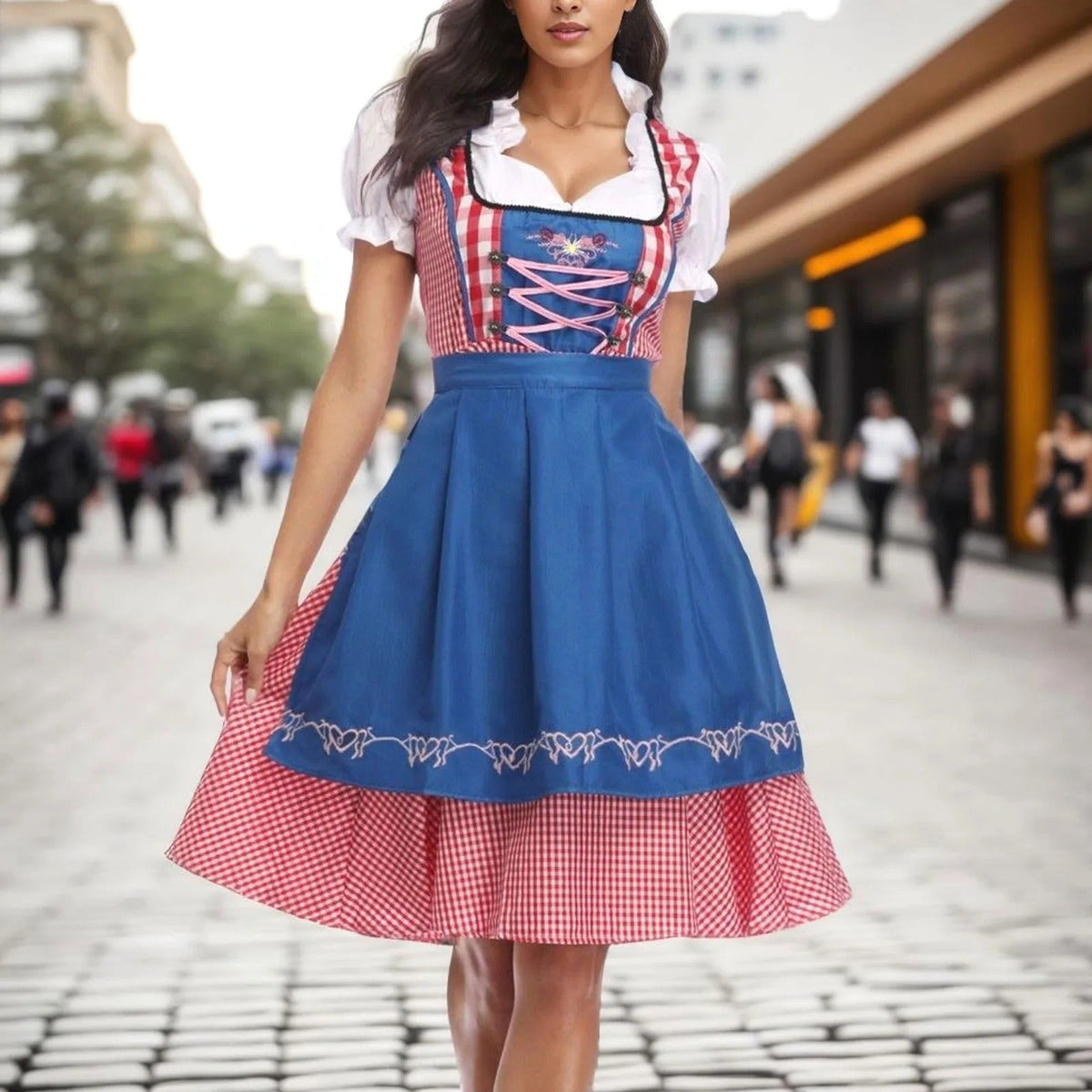 Paige | Women's Dirndl Check Dress, Short Puff Sleeve Bavarian Dress | The Dress Cellar