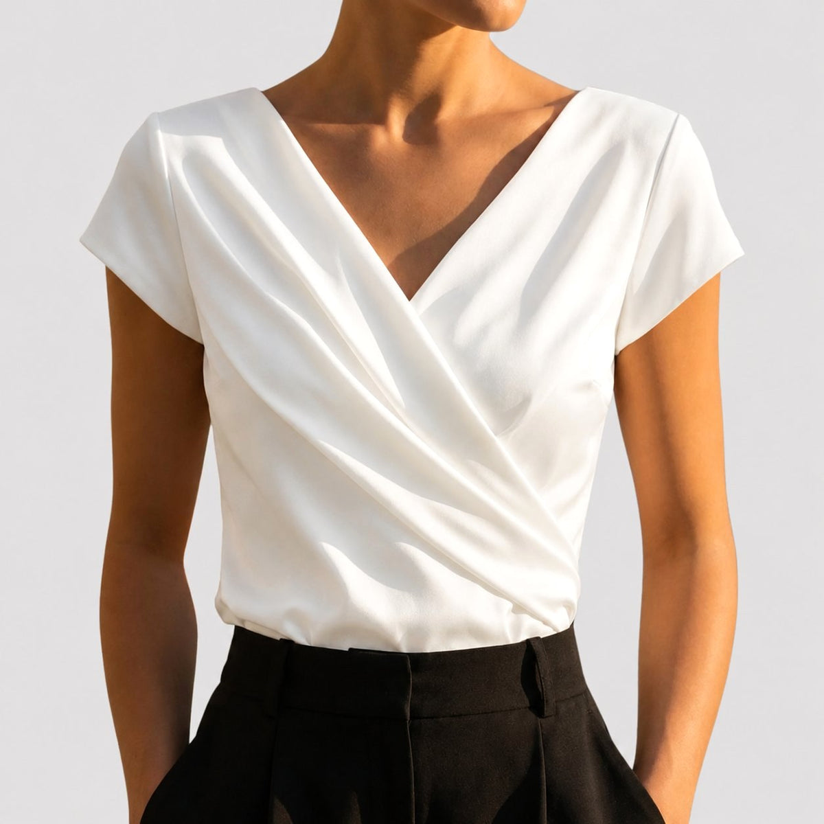 Hadley | Women's Draped V-Neck Blouse, Short-Sleeve Wrap Top | The Dress Cellar
