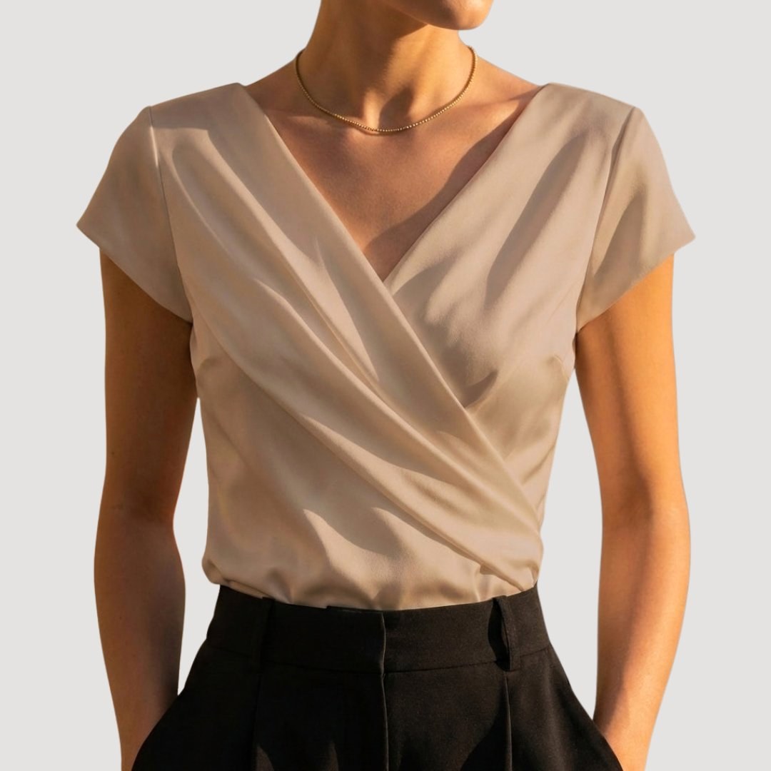 Hadley | Women's Draped V-Neck Blouse, Short-Sleeve Wrap Top | The Dress Cellar