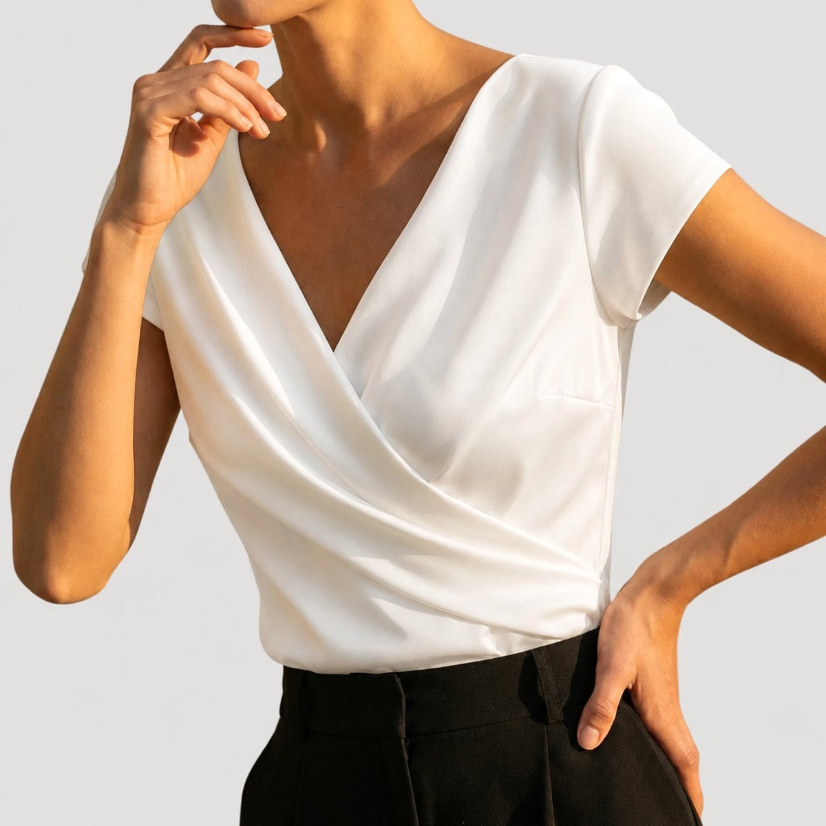 Hadley | Women's Draped V-Neck Blouse, Short-Sleeve Wrap Top | The Dress Cellar