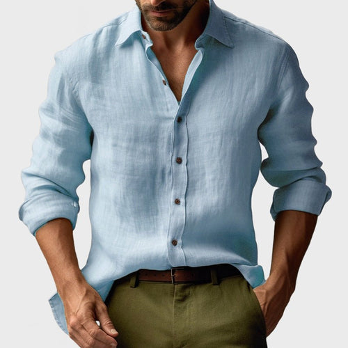 Benjamin | Men's Linen Shirt with Button-Down Collar, Long Sleeves Casual Shirt | The Dress Cellar | Light Blue