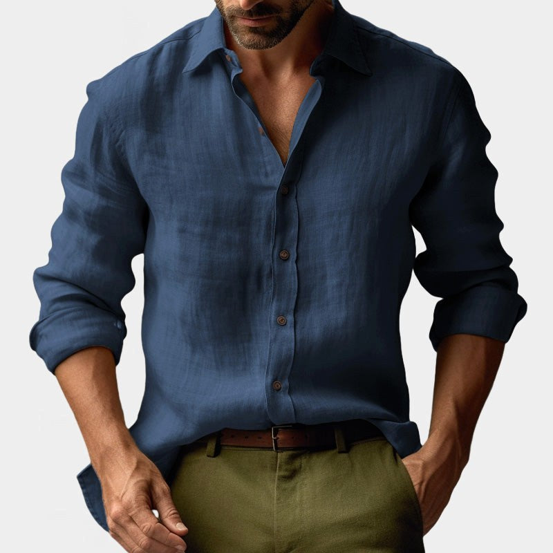 Benjamin | Men's Linen Shirt with Button-Down Collar, Long Sleeves Casual Shirt | The Dress Cellar | Navy Blue