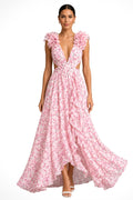 Bernadette | Women's Floral Maxi Dress with V-Neck and Ruffled Shoulders, Wedding Guest Dress | The Dress Cellar | Pink