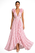 Bernadette | Women's Floral Maxi Dress with V-Neck and Ruffled Shoulders, Wedding Guest Dress | The Dress Cellar | Pink