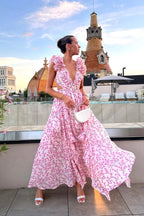 Bernadette | Women's Floral Maxi Dress with V-Neck and Ruffled Shoulders, Wedding Guest Dress | The Dress Cellar | Orange