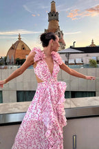 Bernadette | Women's Floral Maxi Dress with V-Neck and Ruffled Shoulders, Wedding Guest Dress | The Dress Cellar