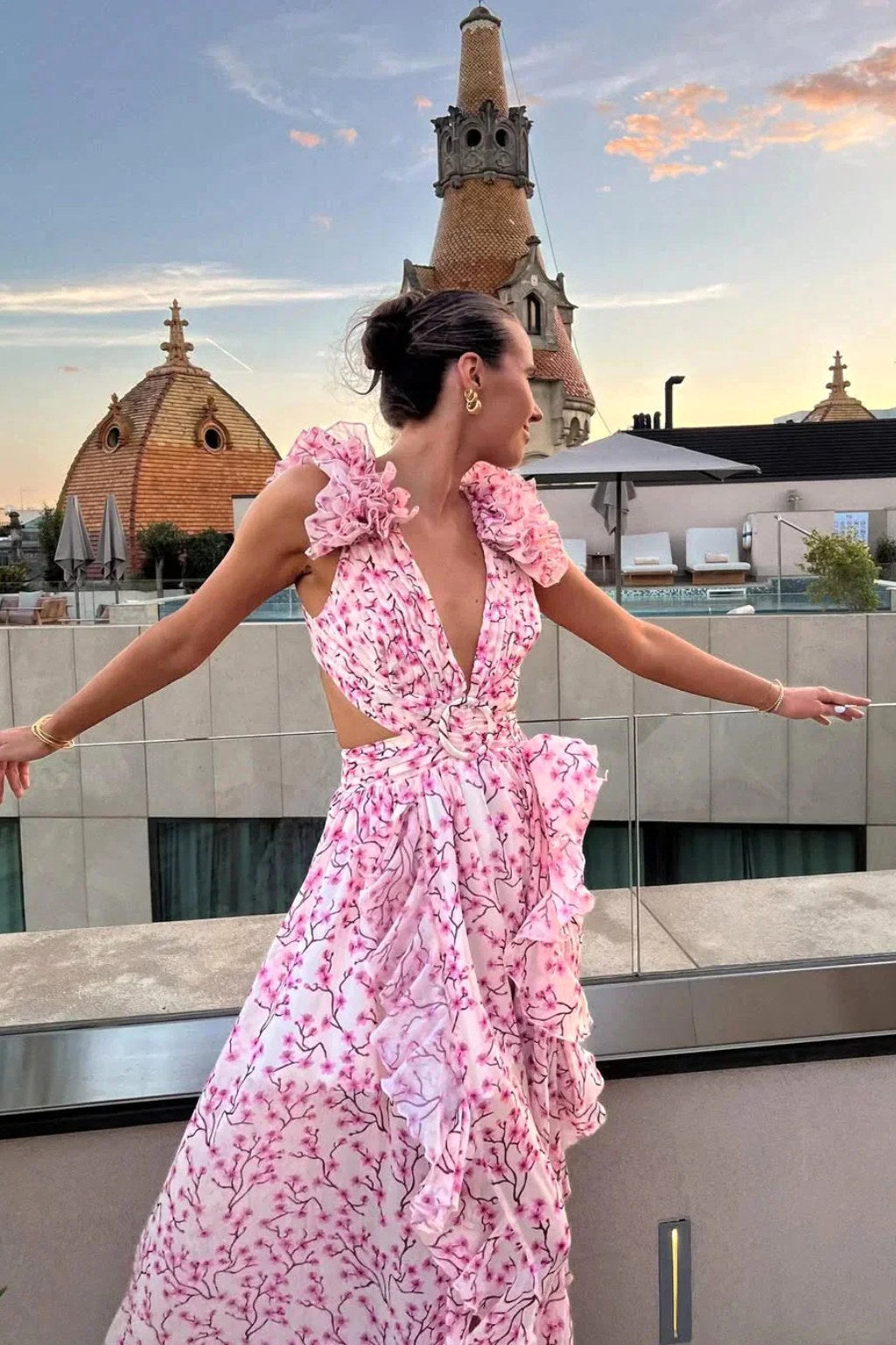 Bernadette | Women's Floral Maxi Dress with V-Neck and Ruffled Shoulders, Wedding Guest Dress | The Dress Cellar