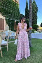 Bernadette | Women's Floral Maxi Dress with V-Neck and Ruffled Shoulders, Wedding Guest Dress | The Dress Cellar