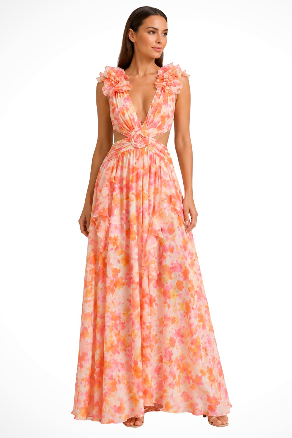 Bernadette | Women's Floral Maxi Dress with V-Neck and Ruffled Shoulders, Wedding Guest Dress | The Dress Cellar