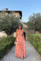 Bernadette | Women's Floral Maxi Dress with V-Neck and Ruffled Shoulders, Wedding Guest Dress | The Dress Cellar